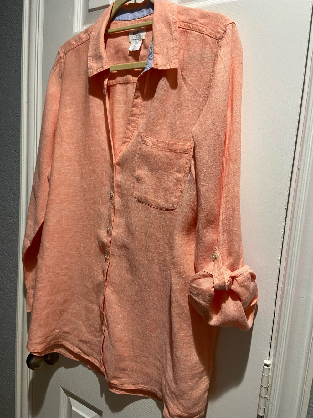 Sigrid Olsen 100 % linen Coral Orange Button-Down Linen Shirt - Picture 5 of 5